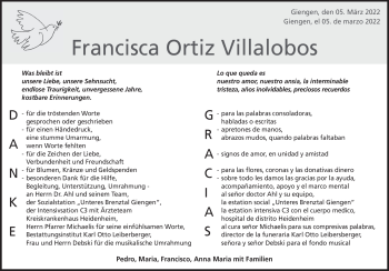 Traueranzeige von Francisca Ortiz Villalobos von Heidenheimer Zeitung