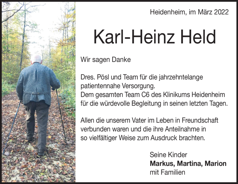  Traueranzeige für Karl-Heinz Held vom 16.03.2022 aus Heidenheimer Zeitung