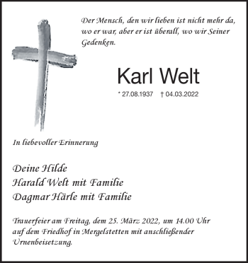 Traueranzeige von Karl Welt von Heidenheimer Zeitung