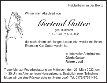 Traueranzeige von Gertrud Gatter von Heidenheimer Zeitung