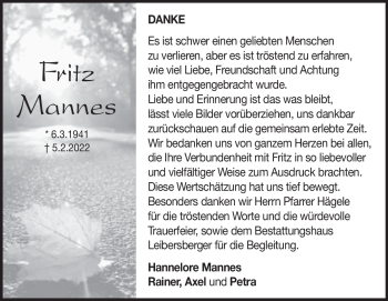Traueranzeige von Fritz Mannes von Heidenheimer Zeitung