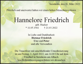 Traueranzeige von Hannelore Friedrich von Heidenheimer Zeitung