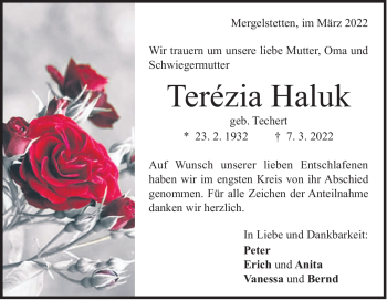 Traueranzeige von Terezia Haluk von Heidenheimer Zeitung