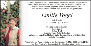 Traueranzeige von Emilie Vogel von Heidenheimer Zeitung