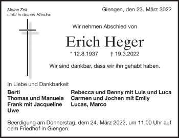 Traueranzeige von Erich Heger von Heidenheimer Zeitung