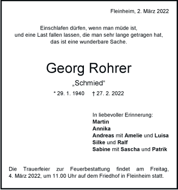 Traueranzeige von Georg Rohrer von Heidenheimer Zeitung
