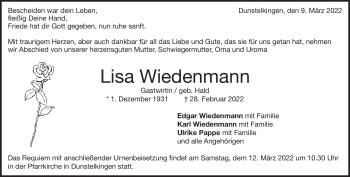 Traueranzeige von Lisa Wiedenmann von Heidenheimer Zeitung