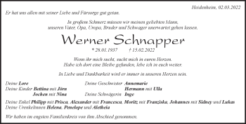 Traueranzeige von Werner Schnapper von Heidenheimer Zeitung