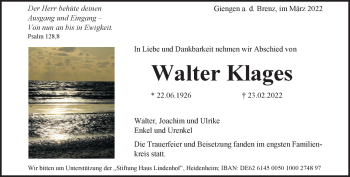 Traueranzeige von Walter Klages von Heidenheimer Zeitung