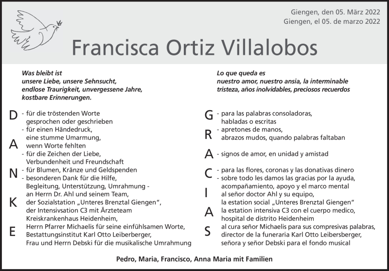 Traueranzeige für Francisca Ortiz Villalobos vom 05.03.2022 aus Heidenheimer Zeitung