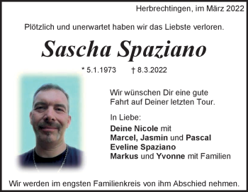 Traueranzeige von Sascha Spaziano von Heidenheimer Zeitung