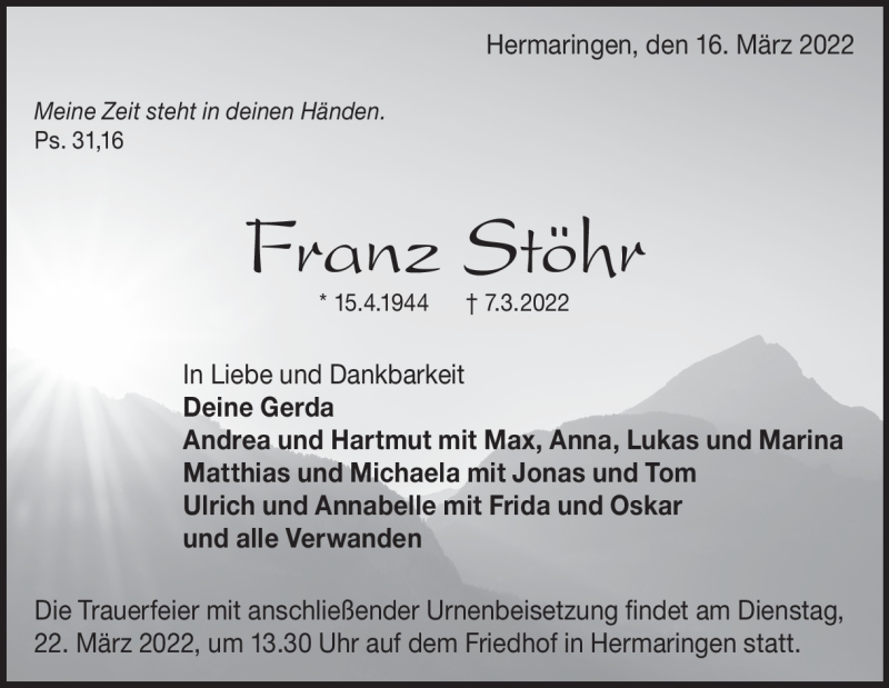  Traueranzeige für Franz Stöhr vom 16.03.2022 aus Heidenheimer Zeitung