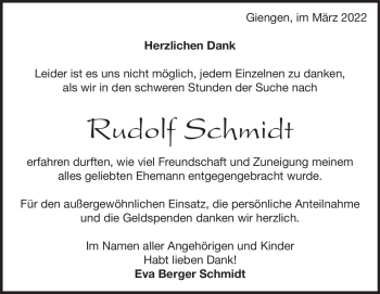 Traueranzeige von Rudolf Schmidt von Heidenheimer Zeitung