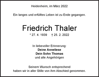 Traueranzeige von Friedrich Thaler von Heidenheimer Zeitung