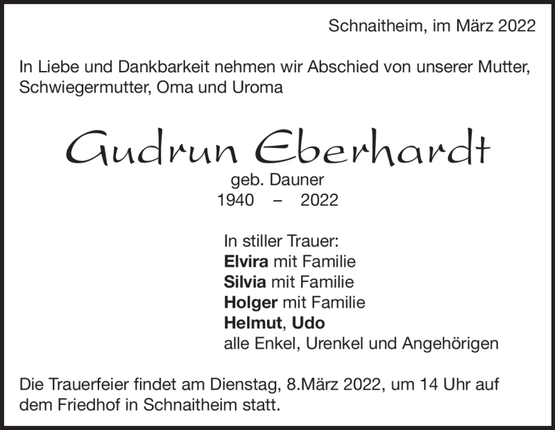  Traueranzeige für Gudrun Eberhardt vom 02.03.2022 aus Heidenheimer Zeitung
