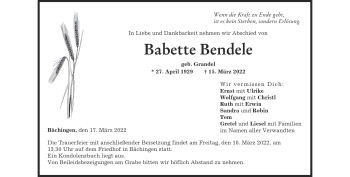Traueranzeige von babette Bendele von Heidenheimer Zeitung