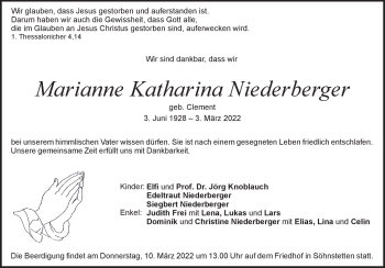 Traueranzeige von Marianne Niederberger von Heidenheimer Zeitung