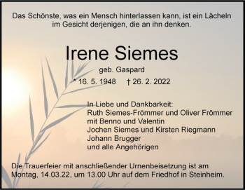 Traueranzeige von Irene Siemes von Heidenheimer Zeitung
