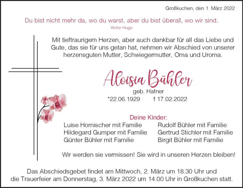  Traueranzeige für Aloisia Bühler vom 01.03.2022 aus Heidenheimer Zeitung