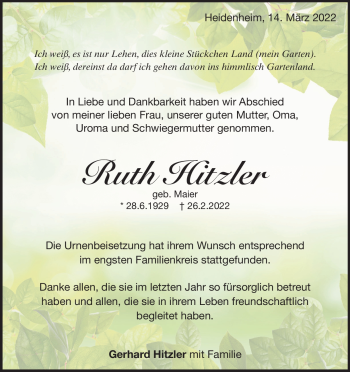 Traueranzeige von Ruth Hitzler von Heidenheimer Zeitung