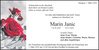 Traueranzeige von Marin Janic von Heidenheimer Zeitung