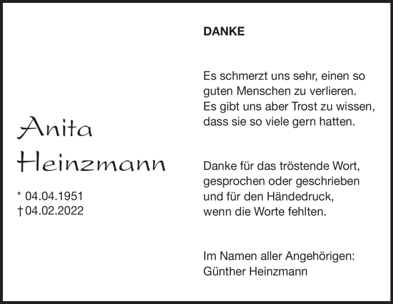  Traueranzeige für Anita Heinzmann vom 04.03.2022 aus Heidenheimer Zeitung