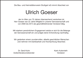 Traueranzeige von Ulrich Goeser von Heidenheimer Zeitung