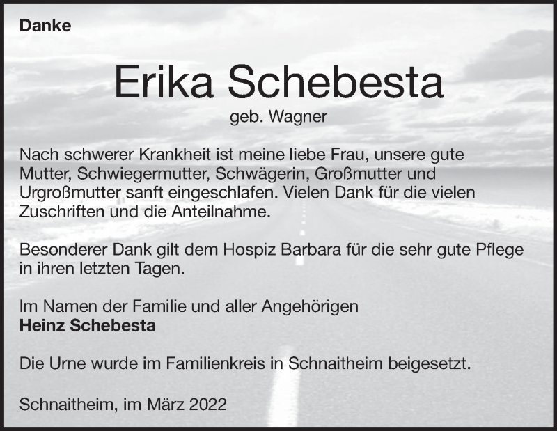  Traueranzeige für Erika Schebesta vom 26.03.2022 aus Heidenheimer Zeitung