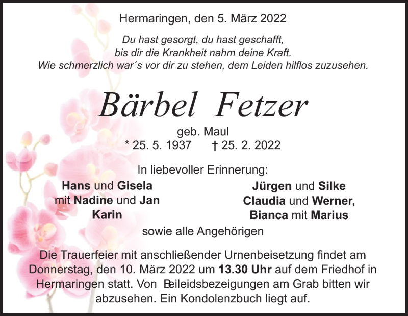  Traueranzeige für Bärbel Fetzer vom 05.03.2022 aus Heidenheimer Zeitung