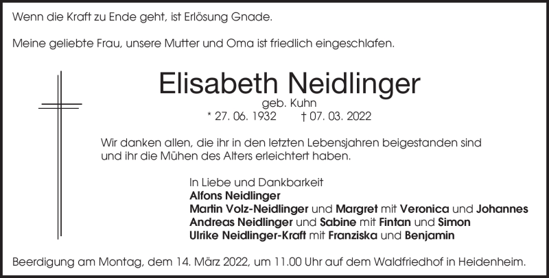  Traueranzeige für Elisabeth Neidlinger vom 10.03.2022 aus Heidenheimer Zeitung