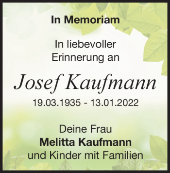 Traueranzeige von Josef Kaufmann von Heidenheimer Zeitung