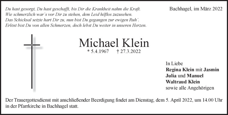  Traueranzeige für Michael Klein vom 31.03.2022 aus Heidenheimer Zeitung