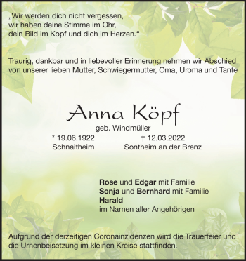 Traueranzeige von Anna Köpf von Heidenheimer Zeitung