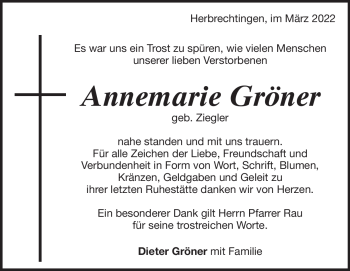 Traueranzeige von Annemarie Gröner von Heidenheimer Zeitung