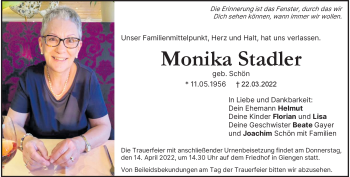 Traueranzeige von Monika Stadler von Heidenheimer Zeitung