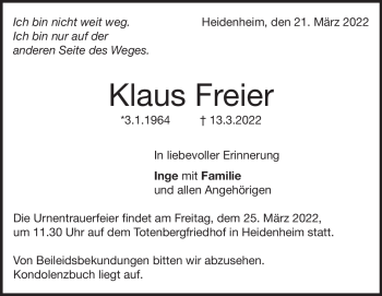 Traueranzeige von Klaus Freier von Heidenheimer Zeitung