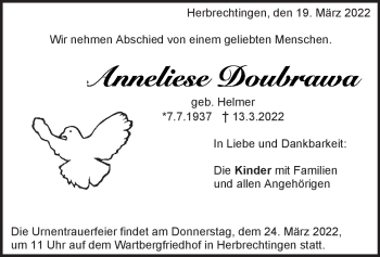 Traueranzeige von Anneliese Doubrawa von Heidenheimer Zeitung