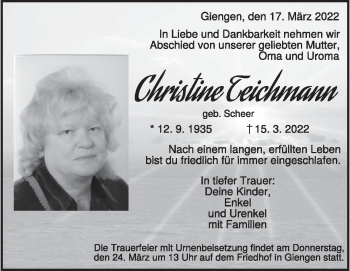 Traueranzeige von Christine Teichmann von Heidenheimer Zeitung
