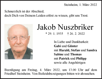 Traueranzeige von Jakob Nuszbriker von Heidenheimer Zeitung