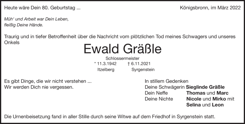  Traueranzeige für Ewald Gräßle vom 11.03.2022 aus Heidenheimer Zeitung