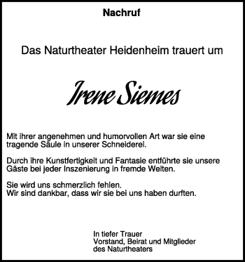 Traueranzeige von Irene Siemes von Heidenheimer Zeitung