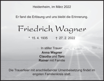 Traueranzeige von Friedrich Wagner von Heidenheimer Zeitung