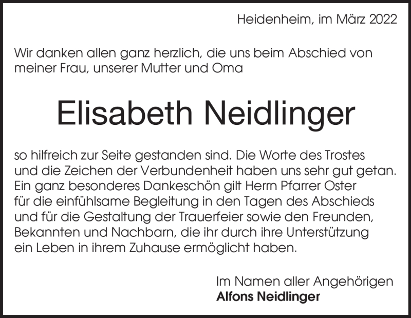  Traueranzeige für Elisabeth Neidlinger vom 21.03.2022 aus Heidenheimer Zeitung