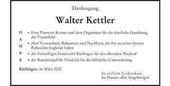 Traueranzeige von Walter Kettler von Heidenheimer Zeitung
