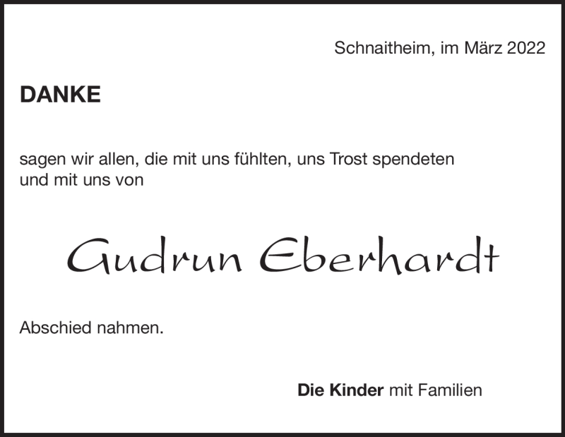  Traueranzeige für Gudrun Eberhardt vom 12.03.2022 aus Heidenheimer Zeitung