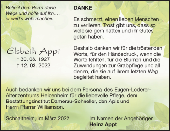 Traueranzeige von Elsbeth Appt von Heidenheimer Zeitung