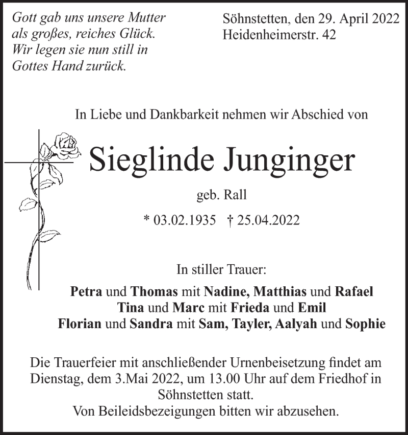  Traueranzeige für Sieglinde Junginger vom 29.04.2022 aus Heidenheimer Zeitung