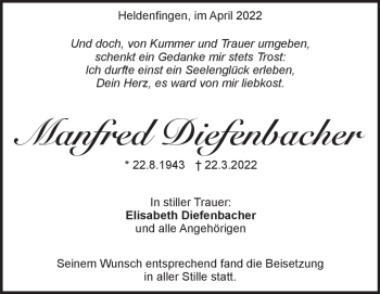 Traueranzeige von Manfred Diefenbacher von Heidenheimer Zeitung