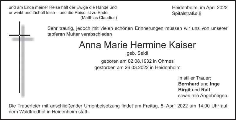  Traueranzeige für Anna Marie Hermine Kaiser vom 05.04.2022 aus Heidenheimer Zeitung