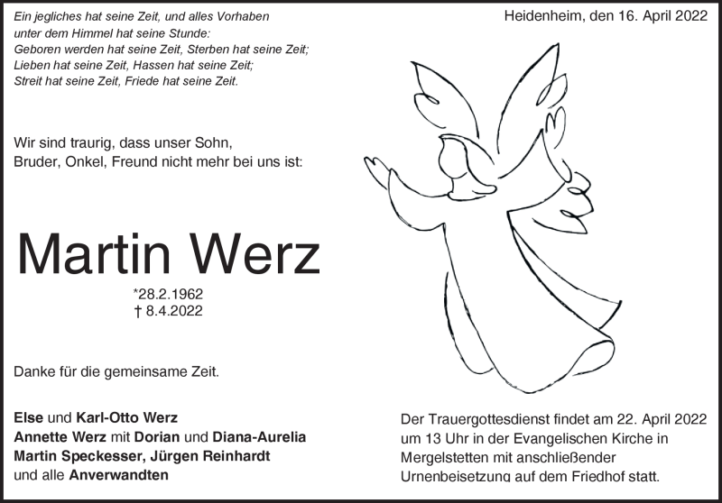  Traueranzeige für Martin Werz vom 16.04.2022 aus Heidenheimer Zeitung